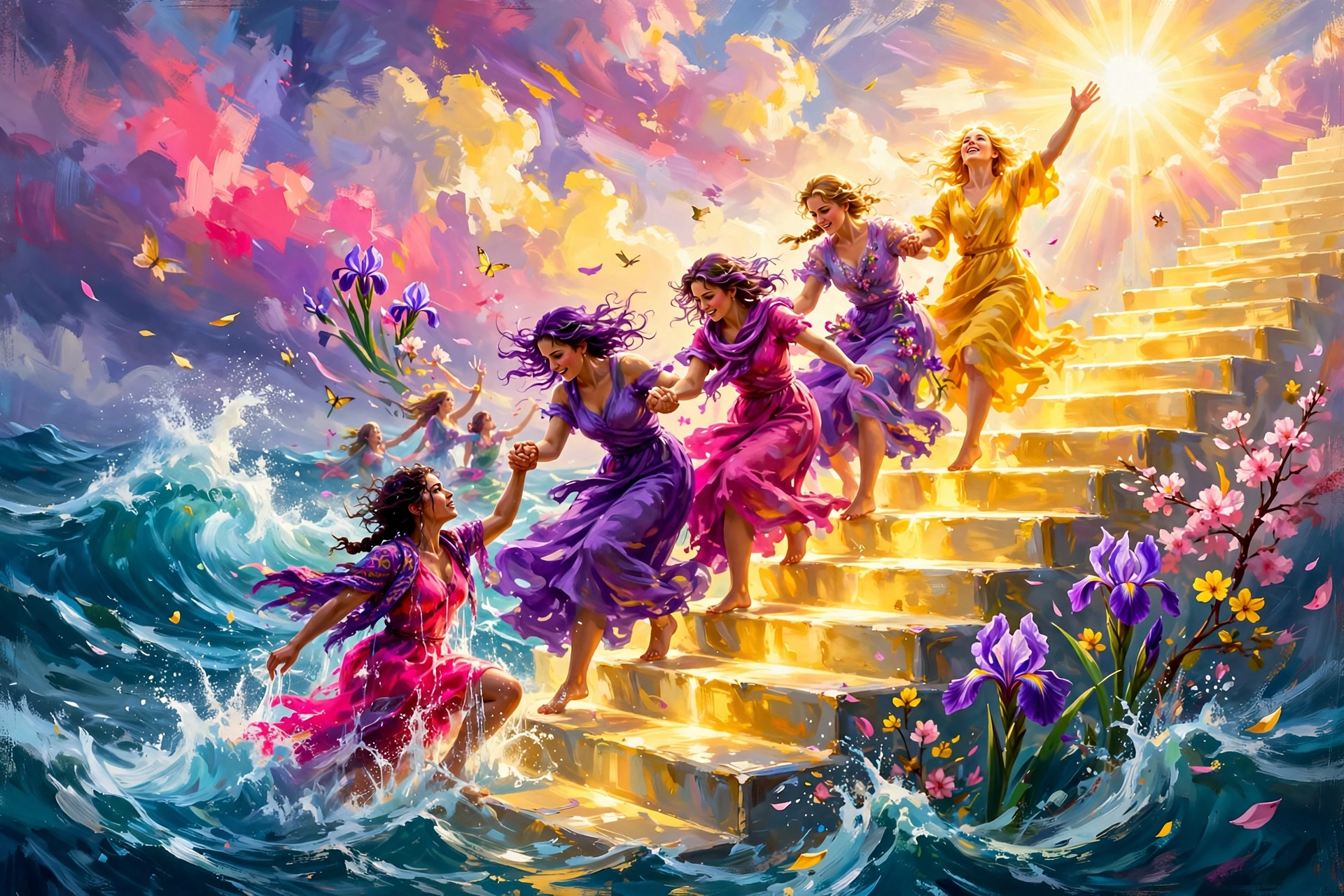 From Survival to Leadership — women ascending a luminous staircase