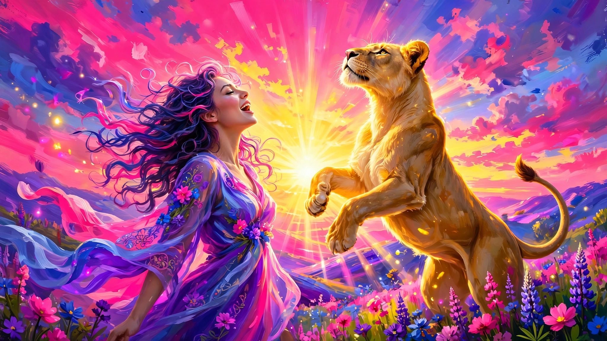 Rise of the Lioness — a woman facing a lion in a vibrant landscape